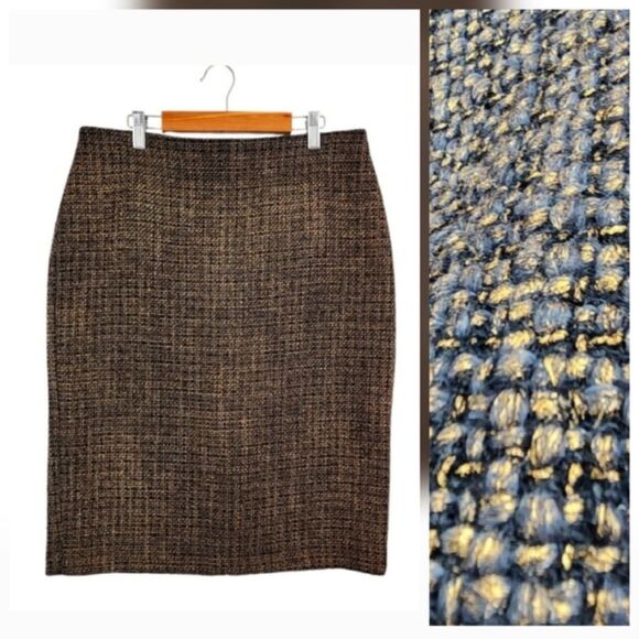 Talbots Pencil Skirt Metallic Wool Blend Gold Black Woven Tweed Size 8 - Picture 1 of 13